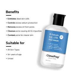 GlowPop 2% Salicylic Acid For Oily Skin | Sulphate free, Anti Acne Face Cleanser With LHA & Zinc For Acne or Pimples | For Women & Men | Face Wash  (100 ml)